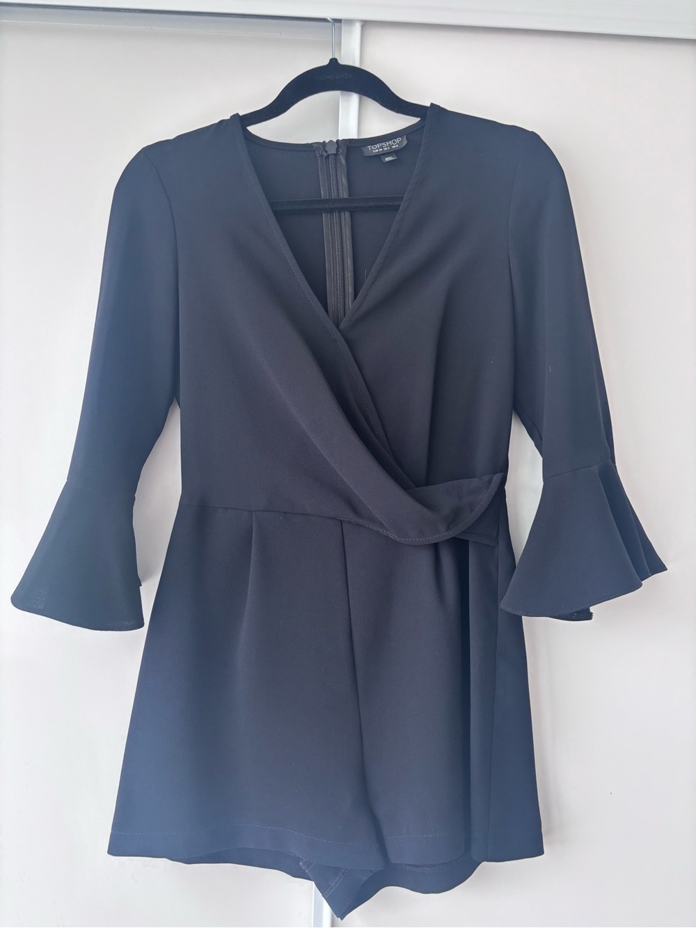 Topshop Black Faux-Wrap Romper with Flared Sleeves